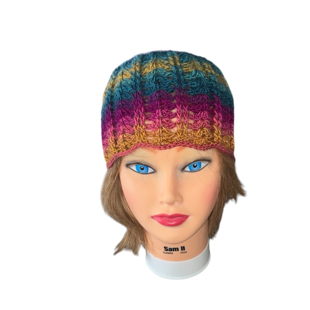 Handmade Crochet Beanie Soft Colorful Adult with ribbed and scallop design - Picture 4 of 5